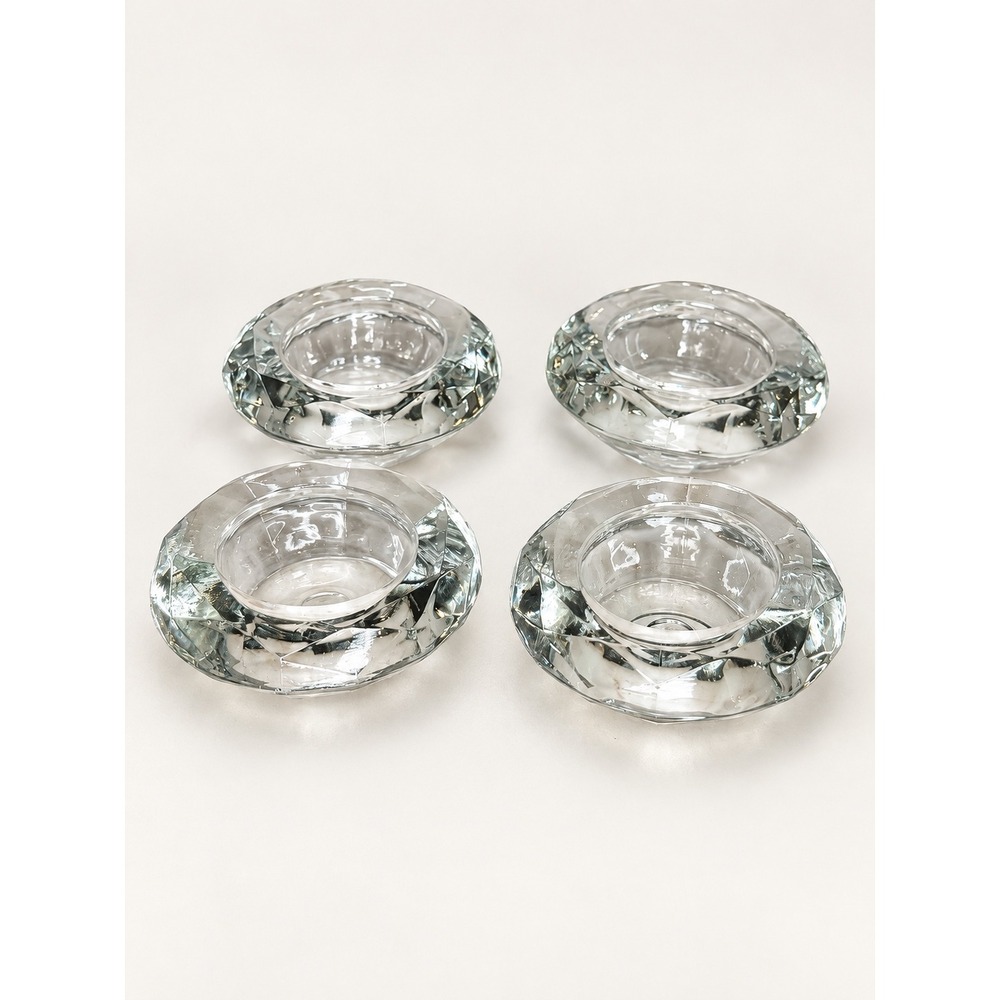 Set of 4 Clear Glass Tea Light Candle Holders Faceted Diamond Cut Design NIB